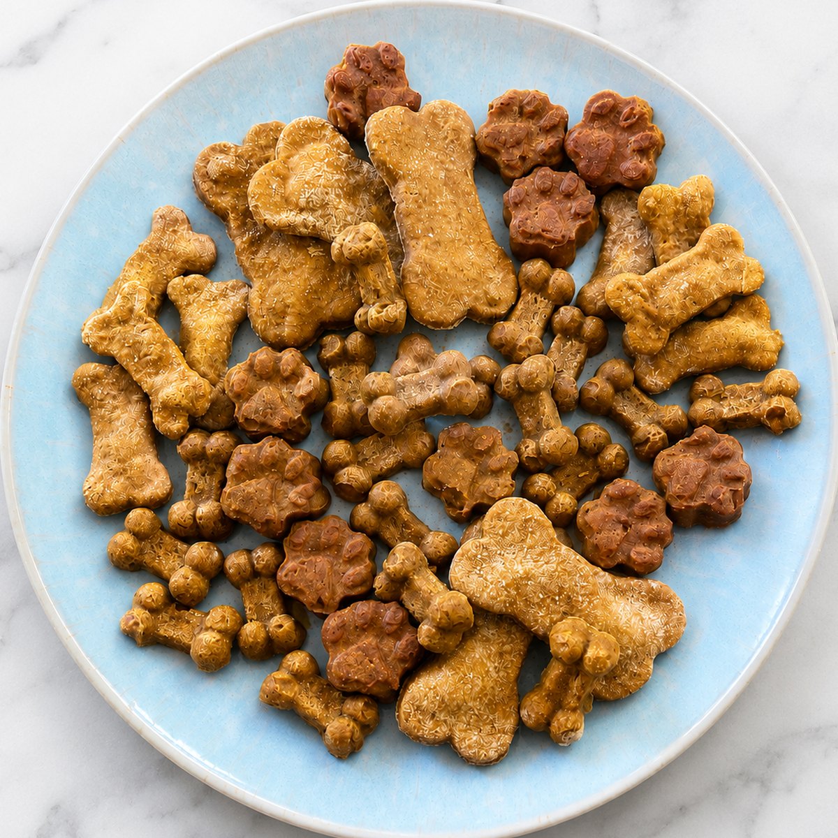 A plate piled with dozens of handmade dog treats in paw and bone shapes, in a range of sizes and shades of golden brown.